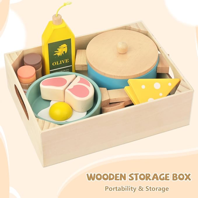 Wooden Play Kitchen Accessories for Toddlers, Kids Pretend Play Pots and Pans Food Dishes Utensils Cooking Toy Set, 20 Pieces Montessori Kitchen Tools Gifts for Boys Girls Ages 3 4 5 6 Years Old