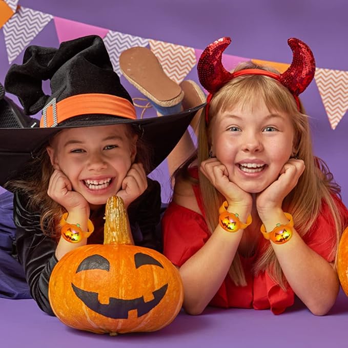 ArtCreativity Light Up Halloween Bracelets, Set of 6, Jack o Lantern Wristbands for Kids with 3 Light-Up Modes, LED Halloween Costume Accessories, Halloween Party Favors and Non-Candy Treats