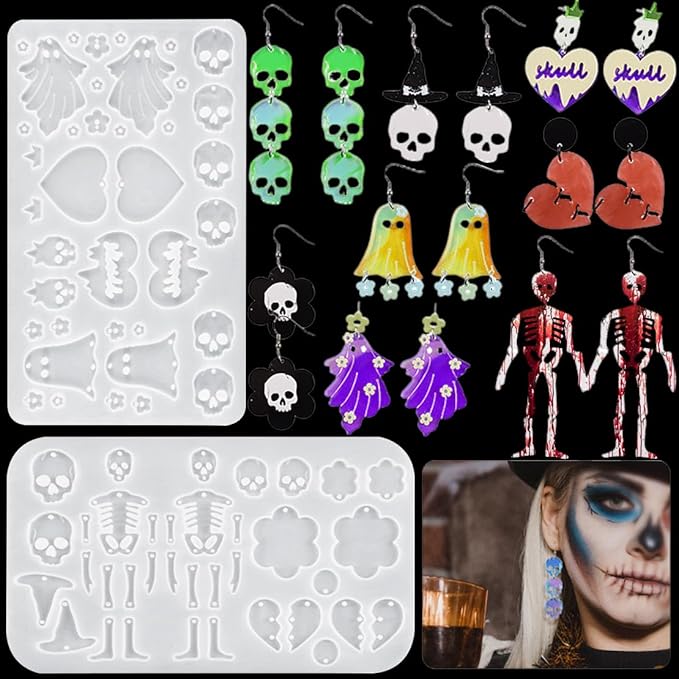 2Pcs Halloween Earring Resin Molds Ghost Skull Skeleton Pendant Silicone Mold Heart Jewelry Epoxy Resin Casting Mould with Hole for DIY Keychain Necklace Bracelet Decor Women Girl Craft