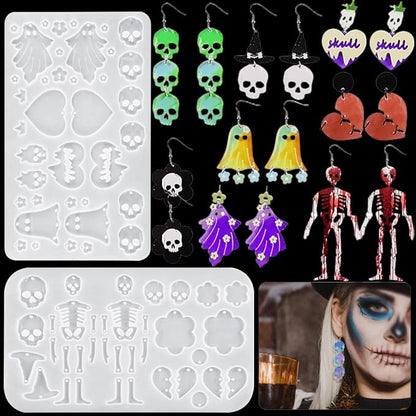 2Pcs Halloween Earring Resin Molds Ghost Skull Skeleton Pendant Silicone Mold Heart Jewelry Epoxy Resin Casting Mould with Hole for DIY Keychain Necklace Bracelet Decor Women Girl Craft