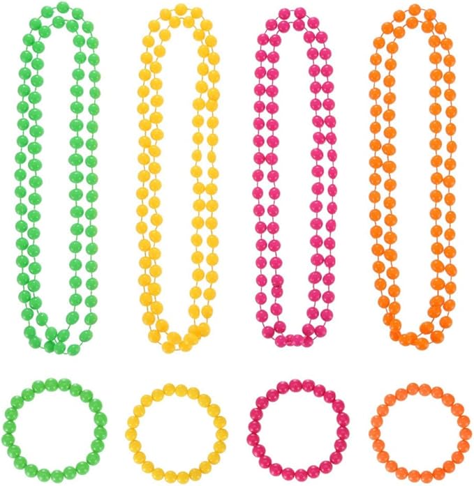 80s Women Costume Accessories Set Acrylic Neon Bead Necklace Bracelet Colorful Fingerless Short Fishnet Gloves for 80's Party