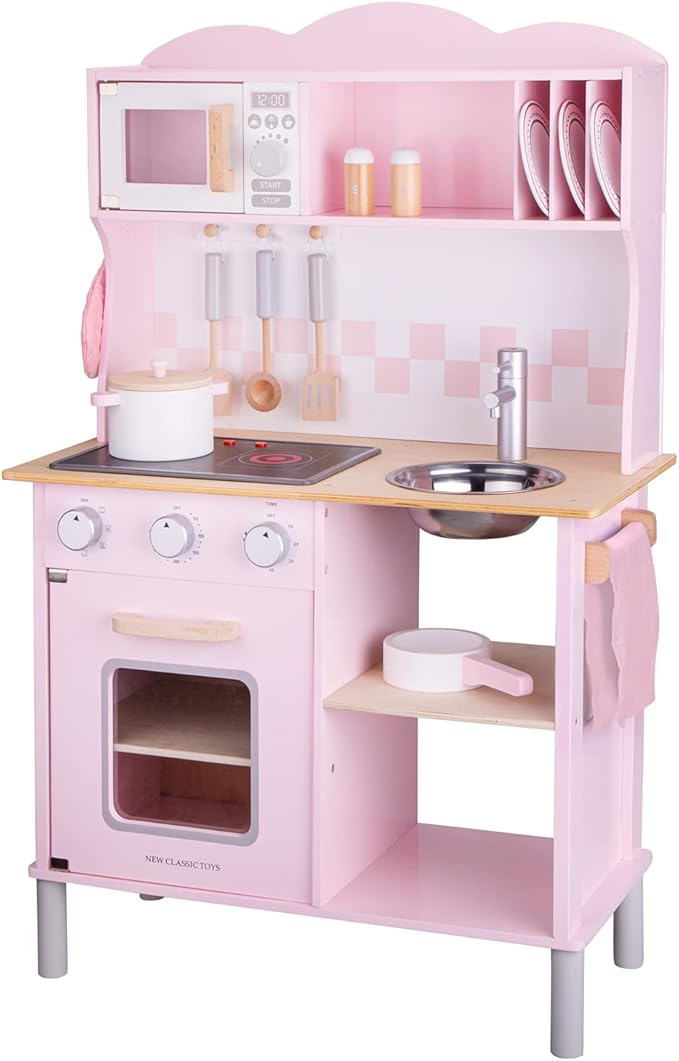 New Classic Toys Wooden Pretend Toy Kitchen for Kids Role Play Included Accessoires Pink Colored - Makes Sound