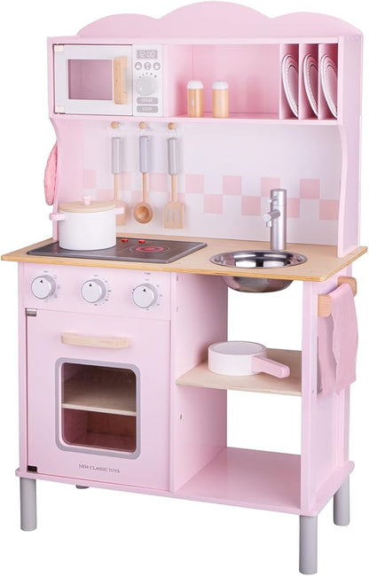 New Classic Toys Wooden Pretend Toy Kitchen for Kids Role Play Included Accessoires Pink Colored - Makes Sound