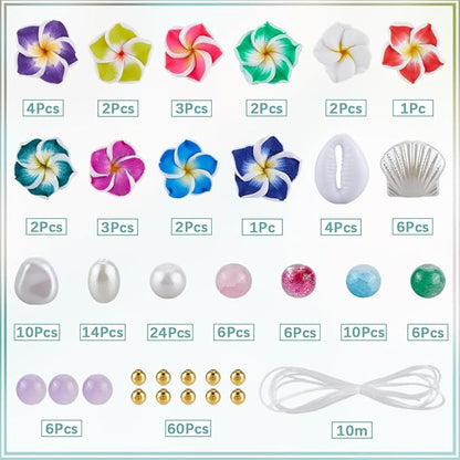 SUNNYCLUE 1 Box 174Pcs DIY 6 Sets Bracelet Making Kit Plumeria Flower Beads Polymer Clay Beads Summer Ocean Hawaiian Shell Bead Imitation Pearl Beads for Jewelry Making Kits Adult Women Gifts Supplies