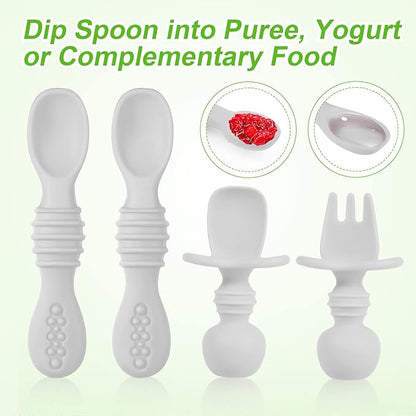 4pcs Silicone Baby Spoons Self Feeding 6+ Months, BPA Free Baby Led Weaning Spoons Training Spoon Toddler Self Feeding Utensils for 6-12 Months Babies (Grey)