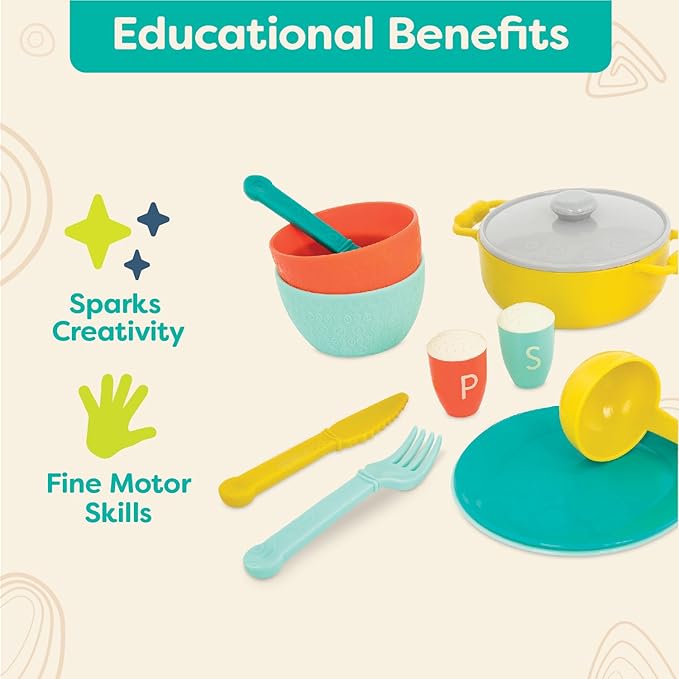 B. toys – Play Kitchen Accessories – Cookware, Dishes, Utensils – 33-Piece Play Set for Kids – Pretend Play Toys – 3 Years + – Mini Chef Kitchen Set