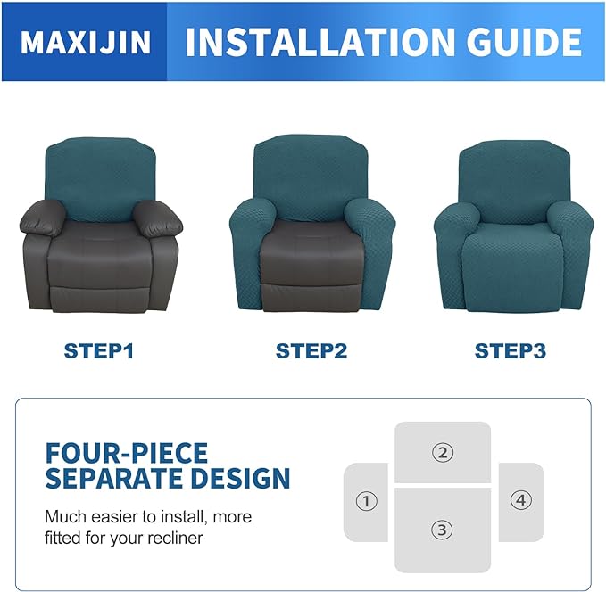 MAXIJIN Recliner Cover Slipcovers for Living Room 4 Pieces Stretch Jacquard Recliner Chair Cover Soft Fitted Recliner Protector with Elastic Bottom for Kids, Pets (Recliner, Peacock Blue)