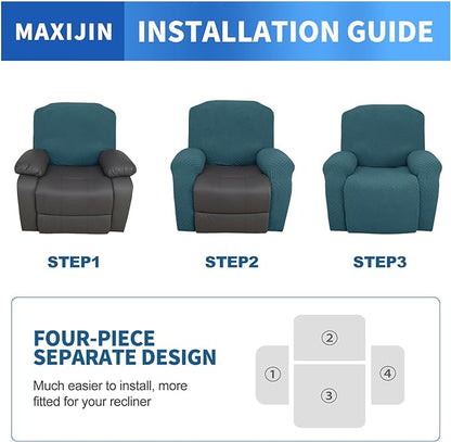 MAXIJIN Recliner Cover Slipcovers for Living Room 4 Pieces Stretch Jacquard Recliner Chair Cover Soft Fitted Recliner Protector with Elastic Bottom for Kids, Pets (Recliner, Peacock Blue)