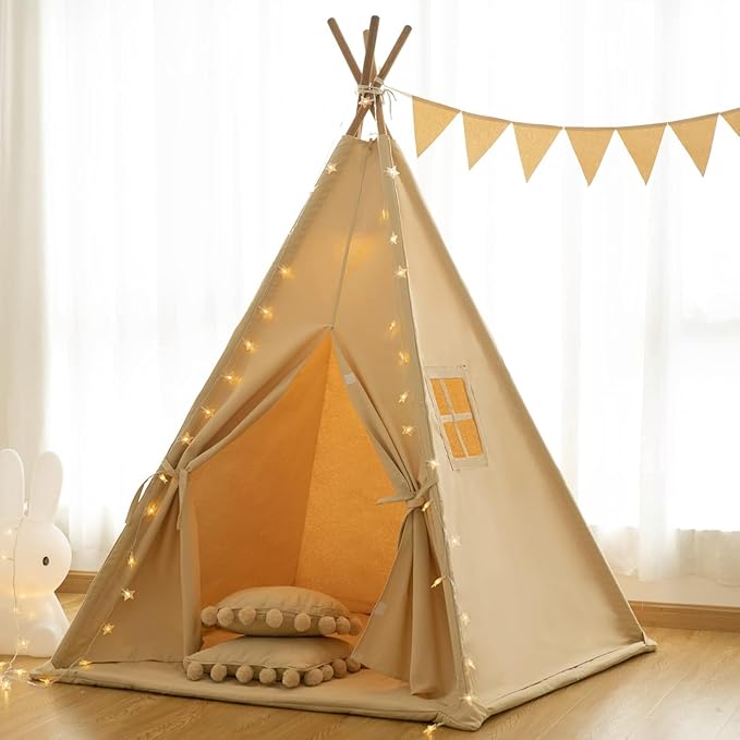 RongFa Teepee Tent for Kids-Portable Children Play Tent Indoor Outdoor (Apricot with Mat)