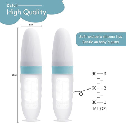 WAJIAYON Baby Food Feeder 4 Pack Silicone Baby Food Dispensing Spoon-3 oz Squeeze Feeding Spoons with Suction Cup for Boys Girl Kids Toddlers - Self Feeding Bottle Spoon-Light Blue