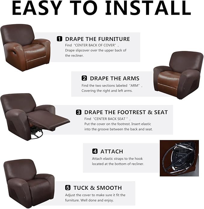 molasofa Recliner Chair Covers Large Size Oversized - 4 Pieces Leather Like Extra Large Recliner Chair Covers Stretch Recliner Slipcover for Lazy Boy Wide Recliner Chair Washable (Chocolate)