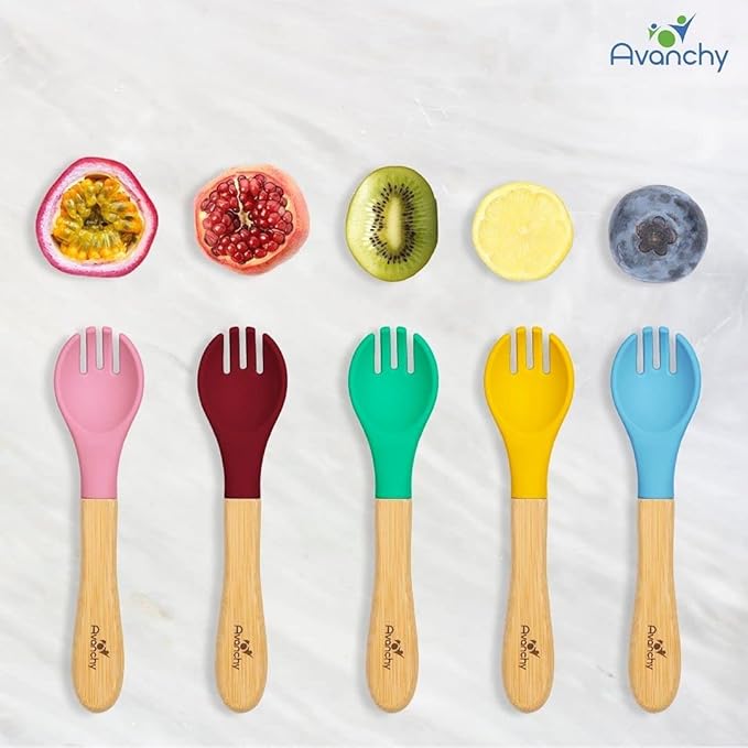 Avanchy Baby Fork Set, Bamboo and Silicone Spork Utensils, Toddler Baby Led Weaning Silverware Cutlery Flatware, Kids First Self Feeding