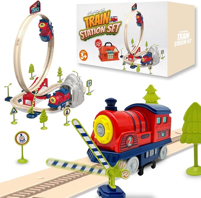 Electric Train Set for Toddlers 2-4 Kids Ages 3-5 - Railway Station with Loop, Bridge & Signs - DIY Montessori Educational Fun Trains Toy for Boys Girls Birthday Gift Train Set
