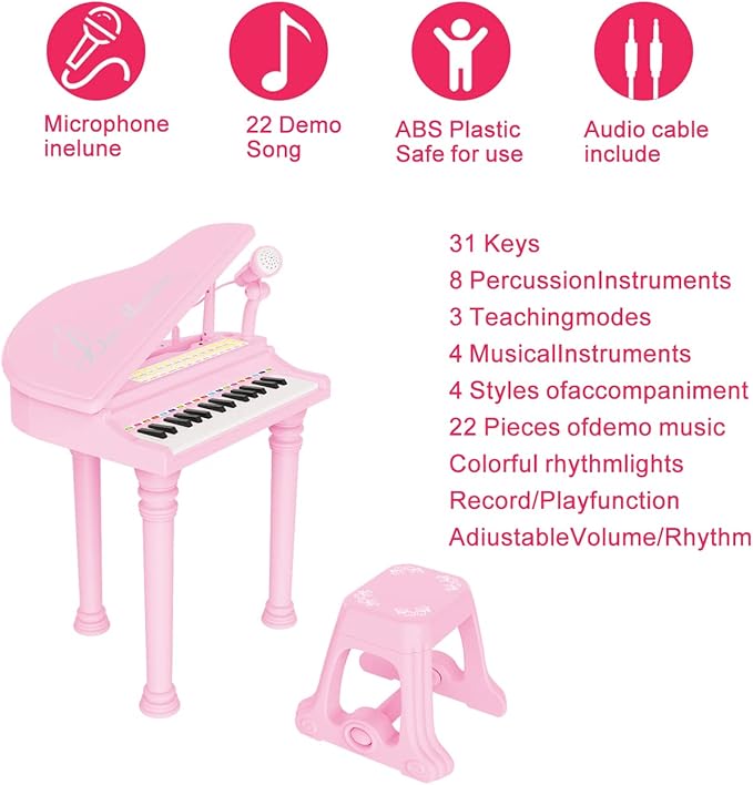 Losbenco Kids Piano Keyboard Toy, Toddler Electronic Musical Instrument Educational Toy with Microphone, Multiple Sounds, Record Playback, Lights & Stool, Birthday Gift for 3 4 5 6 7 Years Old Girls