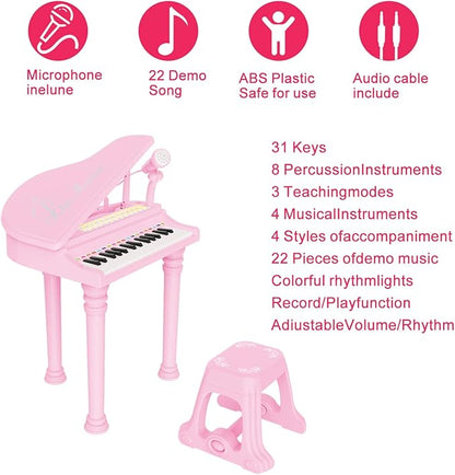 Losbenco Kids Piano Keyboard Toy, Toddler Electronic Musical Instrument Educational Toy with Microphone, Multiple Sounds, Record Playback, Lights & Stool, Birthday Gift for 3 4 5 6 7 Years Old Girls