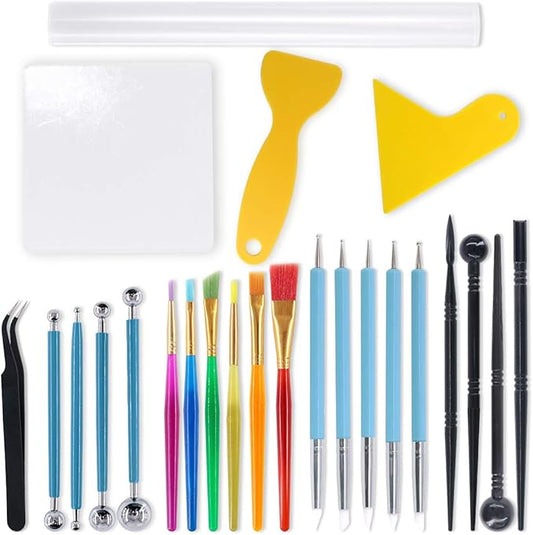 Swpeet 24Pcs Modeling Clay Sculpting Tools Kits, Painting Brush, Dual-Ended Design Pottery Tools, Ball Stylus Tool, Plastic Ball Rod Stylus Modeling Tools, Clay Roller, Clay Scarper for Modeling Clay