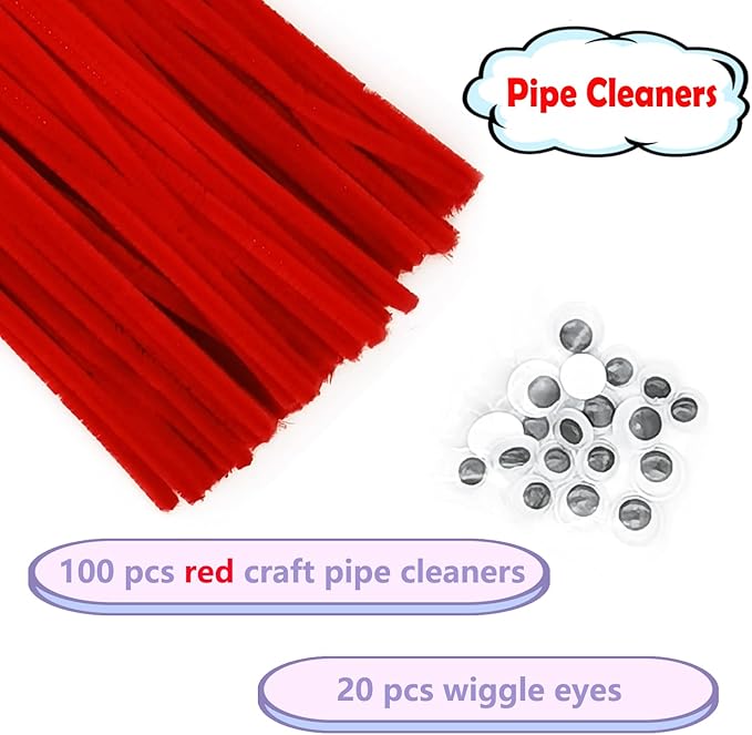 Cldamecy 100 pcs Red Pipe Cleaners with 20 pcs Googly Eyes,Chenille Stems for Craft Project,Craft Pipe Cleaners for DIY Projects,Arts and Holiday Decoration