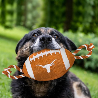 Pets First NCAA Texas Longhorns Football Dog Toy, Tough Quality Nylon Materials, Strong Pull Ropes, Inner Squeaker, Collegiate Team Color, 1 Count (Pack of 1)