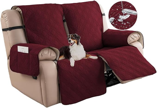 Easehomey Waterproof Loveseat Recliner Cover,Non Slip Reclining Couch Covers for 2 Seat,Dog Chair Cover Furniture Protector Washable Chair Cover with Pocket for Kids,Pets,Dogs(Wine Red,2Seat)