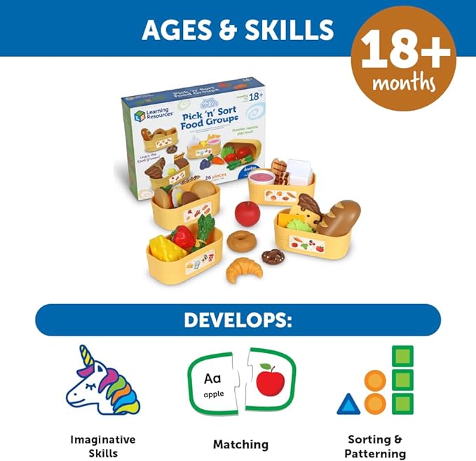 Learning Resources New Sprouts Pick ‘n’ Sort Food Groups, 26 Pieces, Ages 18 Months+, Grocery Store Pretend Play, Play Kitchen Accessories, Play Food for Toddlers