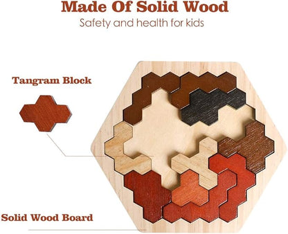 Skrtuan Wooden Hexagon Puzzle for Kids & Adults, Montessori STEM Educational Toy with Colorful Shapes, Logic IQ Brain Teaser Game for All Ages, Geometry Tangram Gift