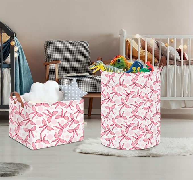 NTAOHAMPER Laundry Hamper,Laundry Basket,Baby Nursery Hamper,Waterproof Storage Bin,Clothes Organizer Basket,Room Decor(Pink Bowknot)