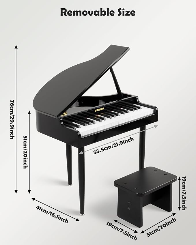STRICH 37 Keys Kids Piano Keyboard Set, Mini Grand Digital Piano for Kids with Stand Chair, Wood Piano for 3+ Girls and Boys, Classic Black, SEK-60