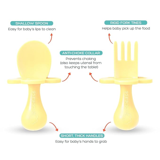 Grabease Baby Spoons & Fork Set - Toddler Self-Feeding Utensils for Baby - BPA-Free & Phthalate-Free Silicone Yellow Toddler Utensil - Feeding Spoon