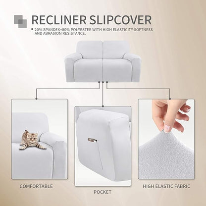 Easy-Going 6 Pieces Microfiber Stretch Sectional Recliner Sofa Slipcover Soft Fitted Fleece 2 Seats Couch Cover Washable Furniture Protector with Elasticity for Kids(Recliner Loveseat, Snow White)
