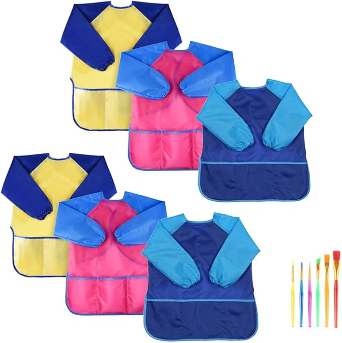 EchoDone 6 Packs Waterproof Children's Art Smock Kids Painting Aprons Long Sleeve with Pocket Baby Smock for Eating 3-5 Years