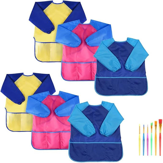 EchoDone 6 Packs Waterproof Children's Art Smock Kids Painting Aprons Long Sleeve with Pocket Baby Smock for Eating 3-5 Years