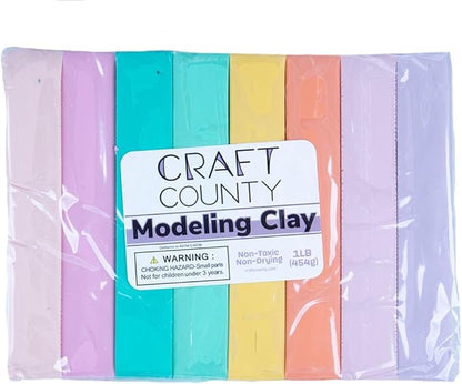 Craft County Modeling Clay – 1 lb (Eight Assorted Color Bars) – Use for Claymation, Models, and Stop Motion (Pastels)