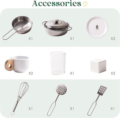 ROBUD Wooden Play Kitchen for Kids Toddlers, Corner Wooden Play Kitchen with Fridge, Ice Maker, Coffee Maker, Juicer, Oven, Dishwasher, Microwave, Utensils, Gift for Ages 3+