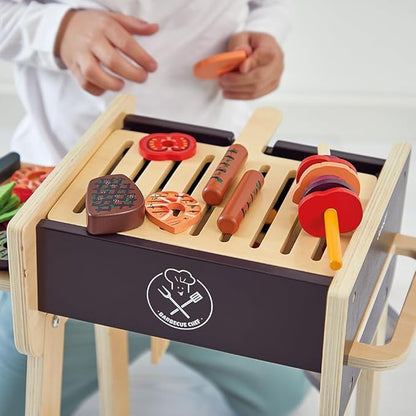 Janod - J06619 Wooden Barbecue - Imitation Kitchen and Dinette Toy for Children - 57 Accessories Included - 2 Silent Wheels - Ages 3 and Above