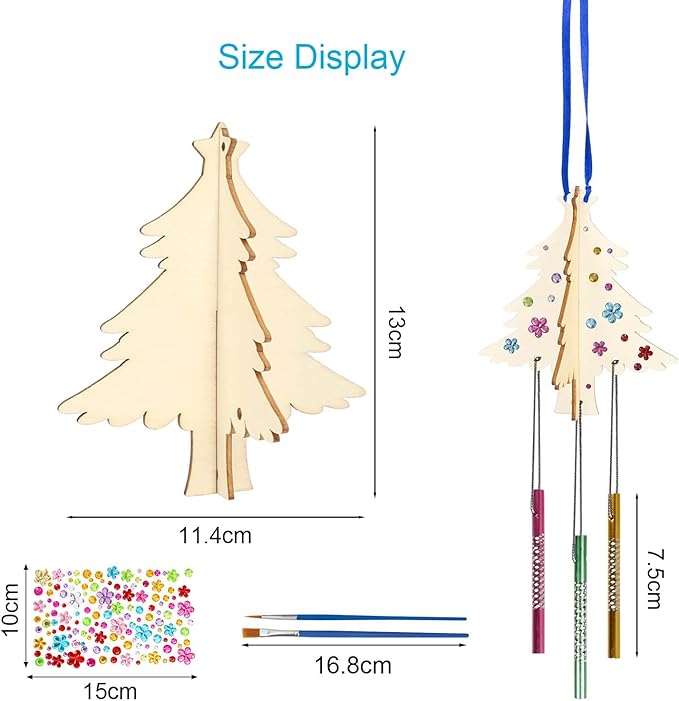 6 Pack Wind Chime Kit for Kids,Christmas Craft Kits DIY 3D Christmas Tree Wind Chime Unfinished Wooden Xmas Tree Ornaments for Boys Girls Activity Art Project Decor