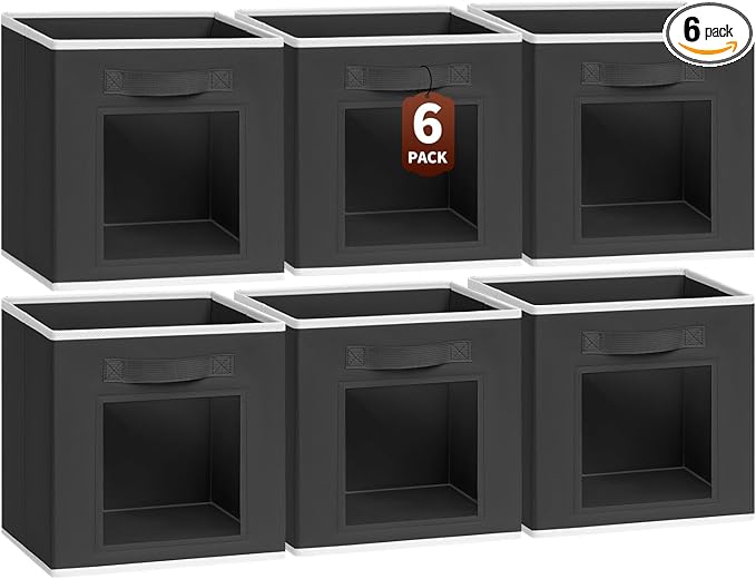 Homsorout Cube Storage Bins - Fabric Shelves for Closet Organization, Foldable Storage Bins for Clothes, Decorative Storage Baskets with Window for Home, Set of 6, Black