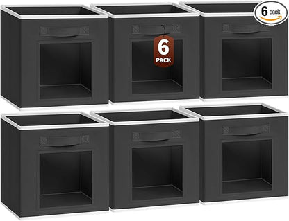Homsorout Cube Storage Bins - Fabric Shelves for Closet Organization, Foldable Storage Bins for Clothes, Decorative Storage Baskets with Window for Home, Set of 6, Black