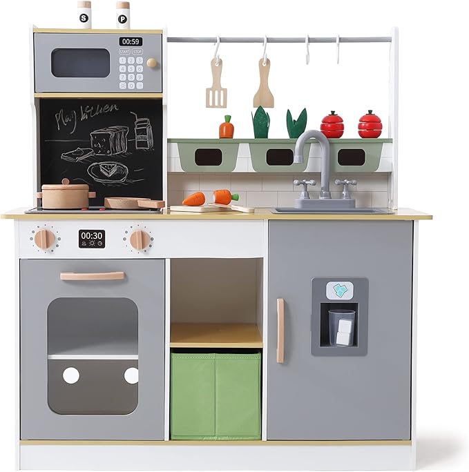 Bophy Wooden Farm & Kitchen Playset, Kids Play Kitchen with Cookware Accessories, Wooden Chef Pretend Play Set with Ice Maker, Chalkboard, Planter Area