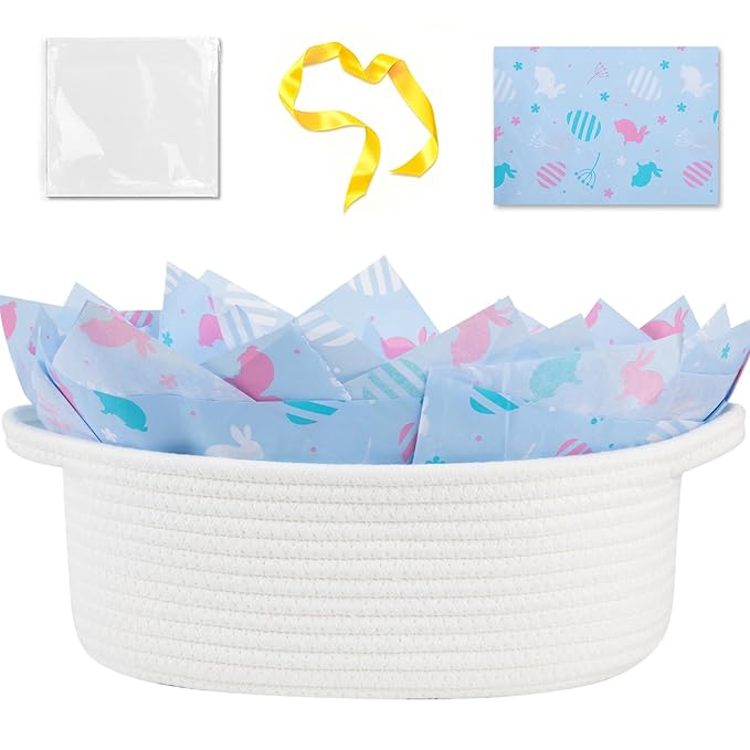 OIAHOMY Gift Basket with Handle, Easter Basket with Gift Bag, Ribbon and Wrap Tissue Paper, Nursery Bins Empty to Fill with Small Items, Baby, Pet Toy Organiser - Easter White