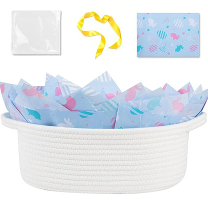 OIAHOMY Gift Basket with Handle, Easter Basket with Gift Bag, Ribbon and Wrap Tissue Paper, Nursery Bins Empty to Fill with Small Items, Baby, Pet Toy Organiser - Easter White