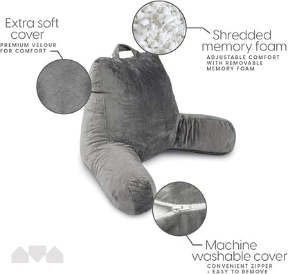 Milliard Reading Pillow with Shredded Memory Foam, Large Adult Backrest with Arms, Back Support for Sitting Up in Bed with Washable Cover (Sit up Pillow)