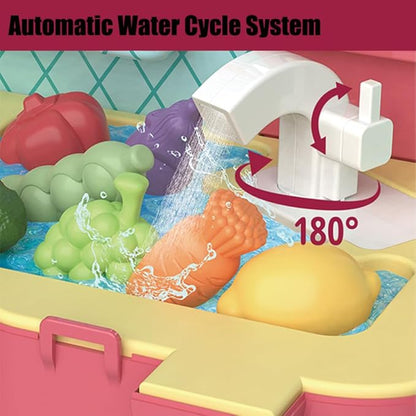 Kitchen Playset, 3 in 1 Kitchen Pretend Play, 68 PCS Realistic Cooking Accessories, Sounds, Lightnd, Running Water，Ideal Gift for Boys and Girls