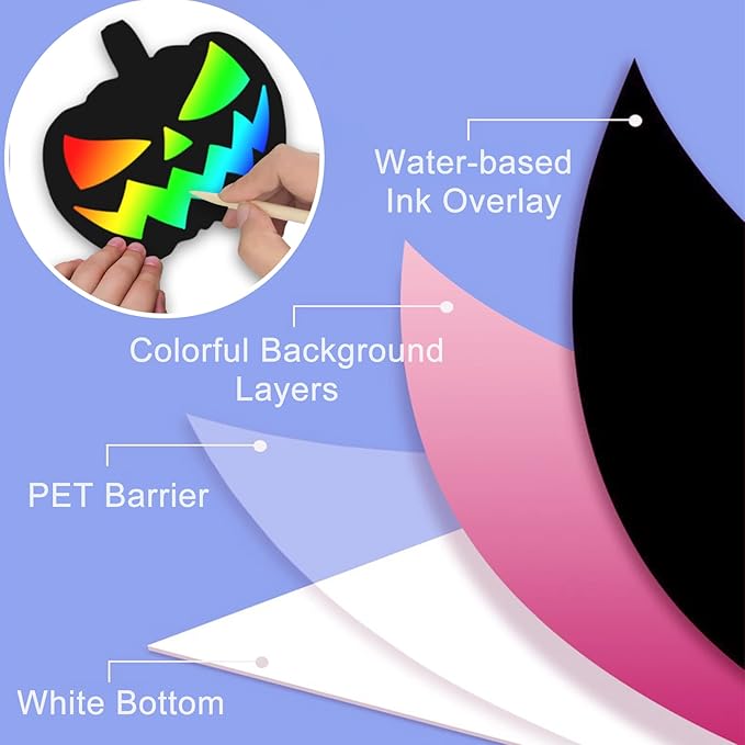 48 Pieces Halloween Scratch Crafts for Kids, DIY Rainbow Magic Scratch Paper, Bat Pumpkin Halloween Haunted House Arts and Crafts Ornaments Decoration for Halloween Activity Party Favor