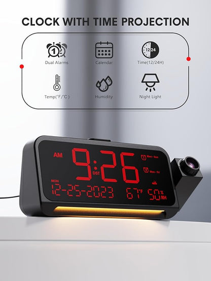 Projection Alarm Clock for Bedroom Ceiling, Digital Clock Projector with Weekday/Weekend Mode, Date, Temperature, Humidity, Type-C USB Charger, Night Light, Dual Alarms, DST, Dimmer,12/24H