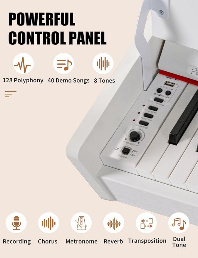 UISCOM 88 Key Weighted Home Digital Piano- Wooden Desk Electric Piano Transforms Between Desk and Vanity - Progressive Hammer-Action Keyboard, Perfect for Beginners with MIDI-White