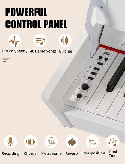 UISCOM 88 Key Weighted Home Digital Piano- Wooden Desk Electric Piano Transforms Between Desk and Vanity - Progressive Hammer-Action Keyboard, Perfect for Beginners with MIDI-White