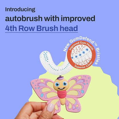 autobrush U Shaped Kids Manual Toothbrush- 360° Design for 5.1X Better Cleaning with Unique Nylon Bristles, Comfort Grip Handle, Waterproof Design, Ages 6-8, Butterfly (Double-Sided)