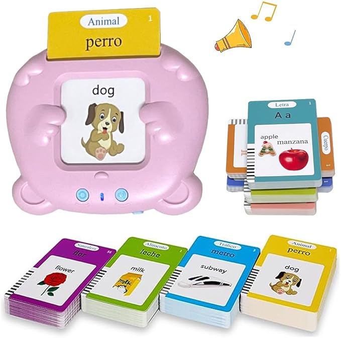 RT&BS Spanish Talking Flash Cards for Toddlers, Bilingual English Spanish Flash Cards for Kids, Spanish Flash Cards for Kids, Gift for Kids Children, 510 Sight Words Pink Bear
