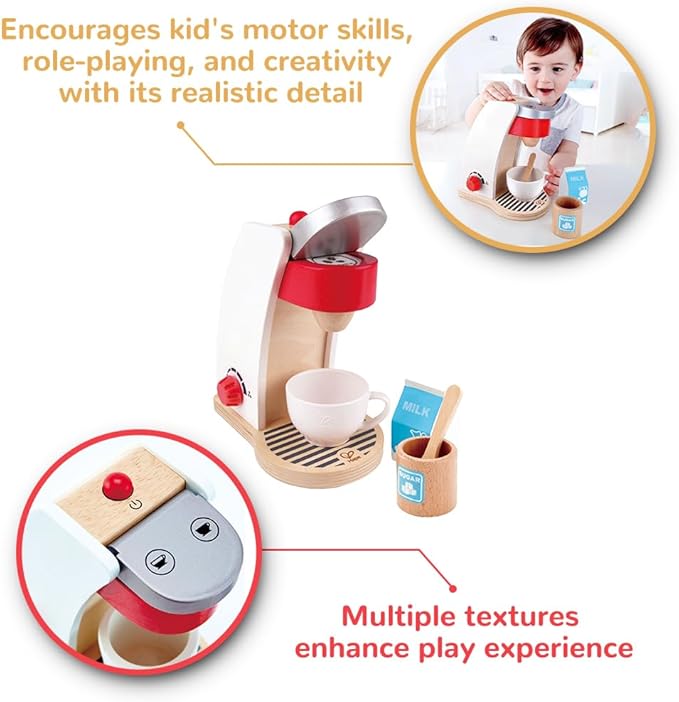 Hape Wooden White Coffee Maker Kitchen Set with Accessories| Pretend Play Toy Set for Kids Ages 3 Years & Up