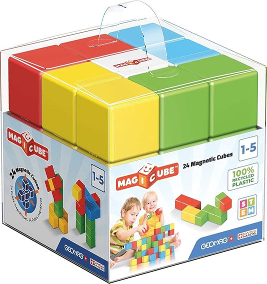 Geomag Premium Swiss-Made MagiCube 24-Piece Magnetic Stacking Cubes Building Set, Toddlers and Kids Ages 1-5, STEM Educational Toy, Creativity, Imagination, Early Learning Fun, Crystal Packaging